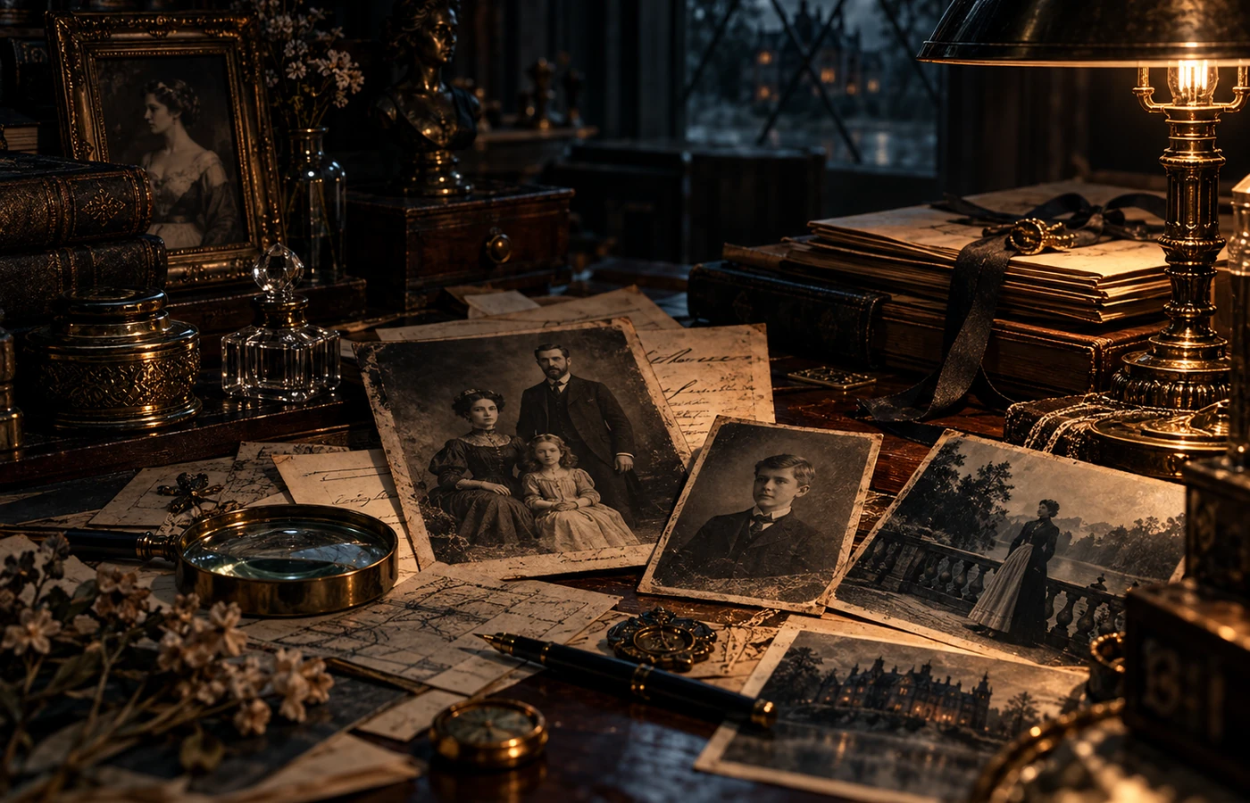 Archive materials lit by warm lamplight