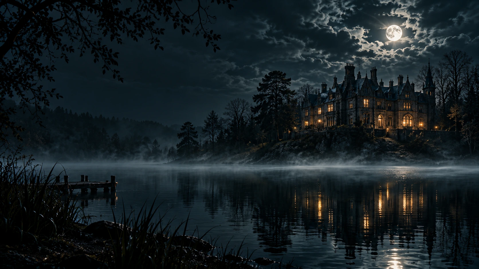 La dimora di Blackmere oltre un lago illuminato dalla luna