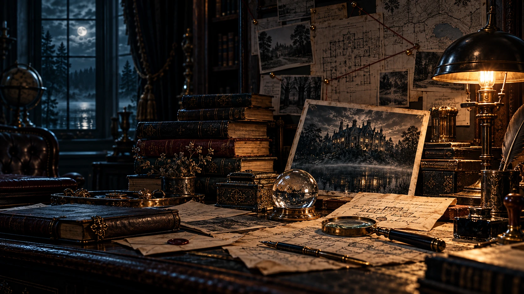Scrivania con fotografie e documenti di un’indagine