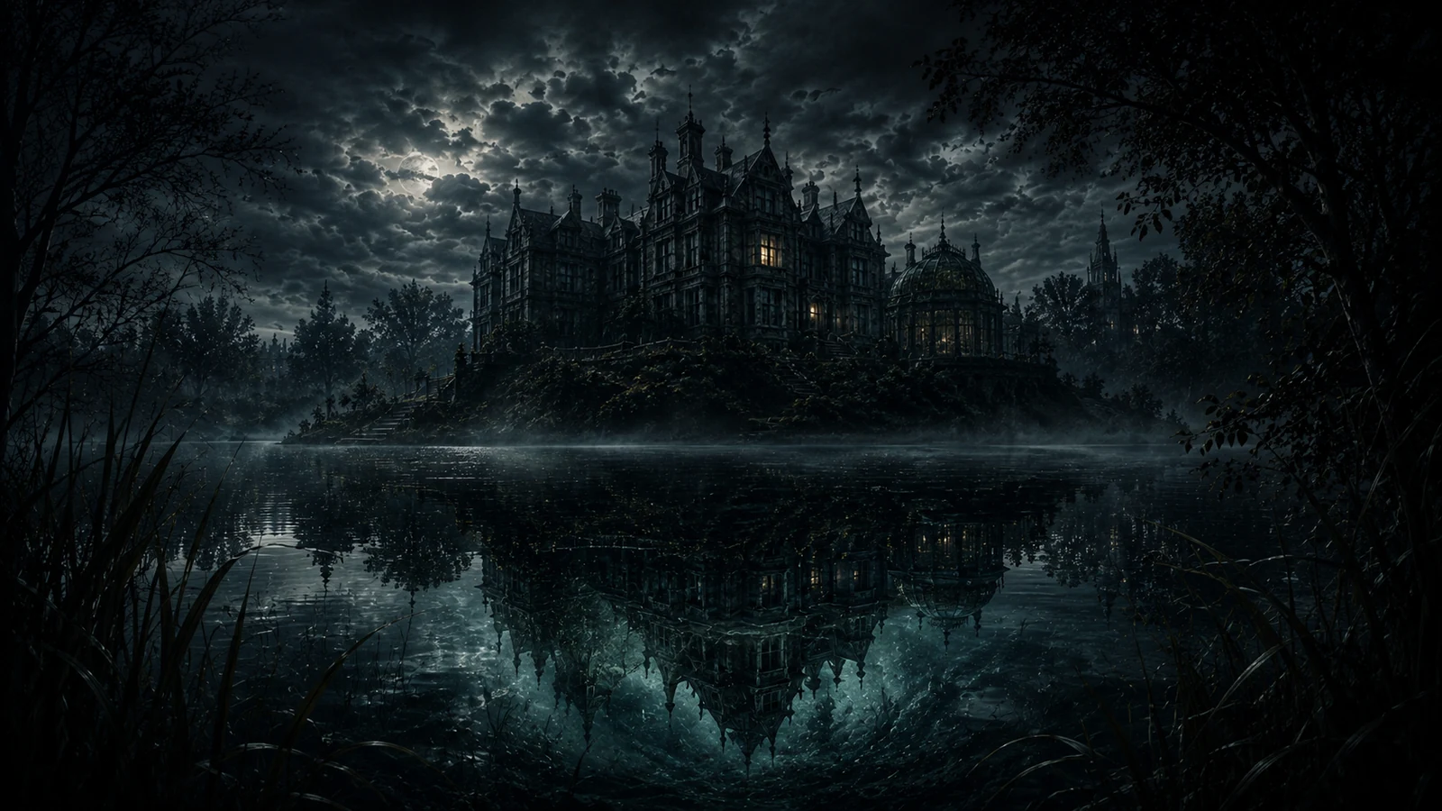 Blackmere House reflected upside down beneath a dark lake
