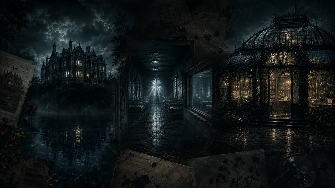 Atmospheric Blackmere wallpaper showing Blackmere House, Ward Seven and the Glass Archive