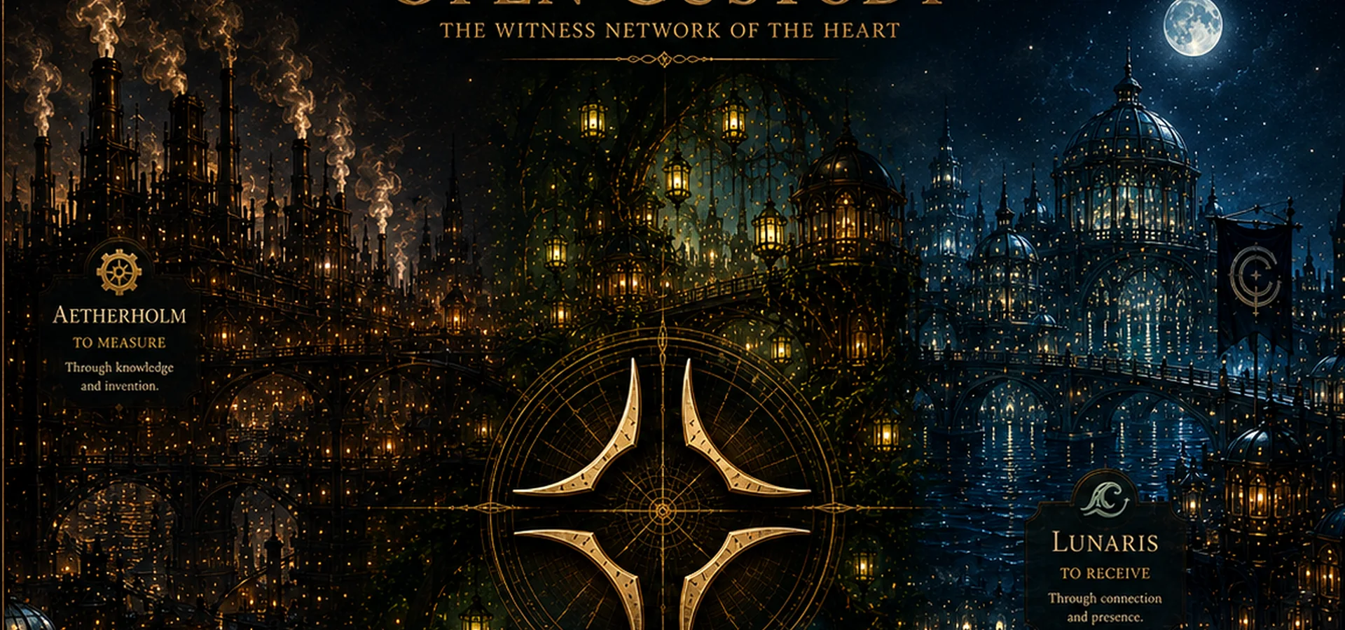 Aetherholm, Velmira, and Lunaris connected by the Open Custody emblem