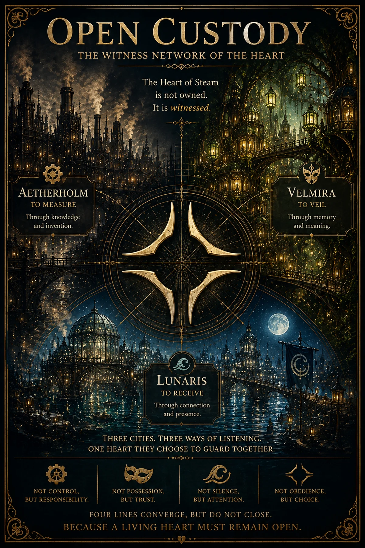 Open Custody poster connecting Aetherholm, Velmira, and Lunaris