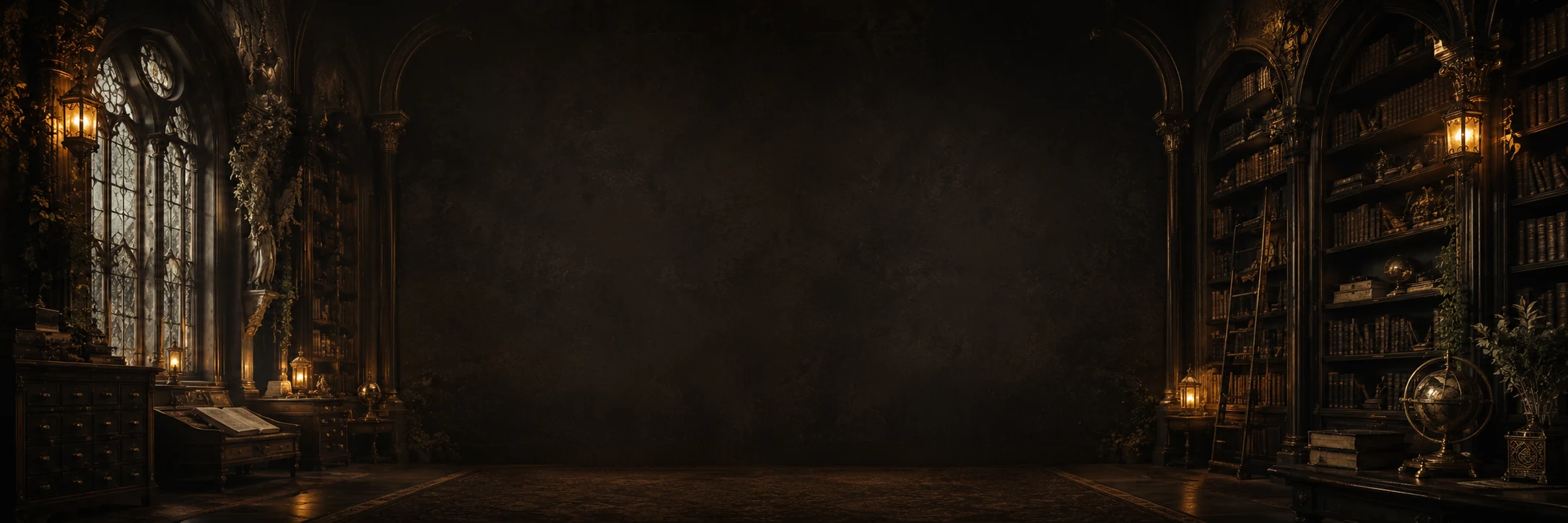 A dark Wonders Workshop library atmosphere