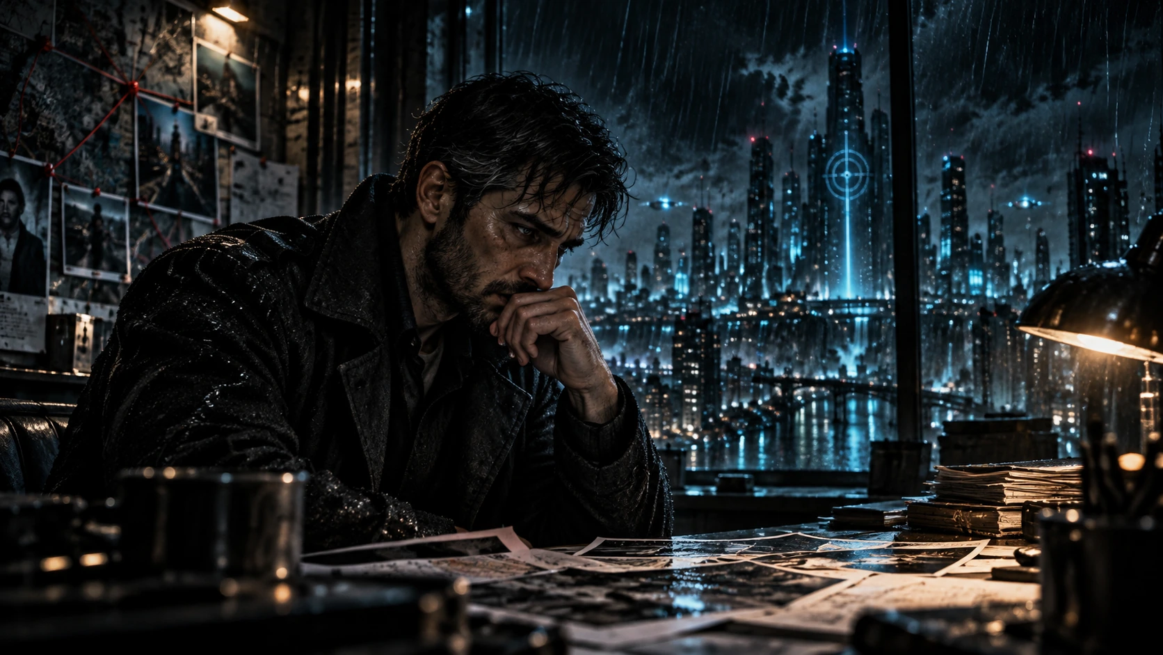 Detective davanti ai fascicoli nella Nemorra notturna