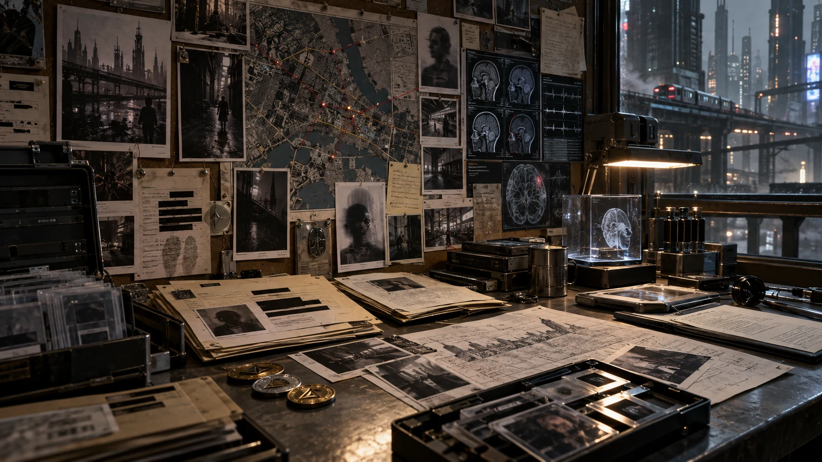 Tavolo investigativo con mappe, fotografie e fascicoli