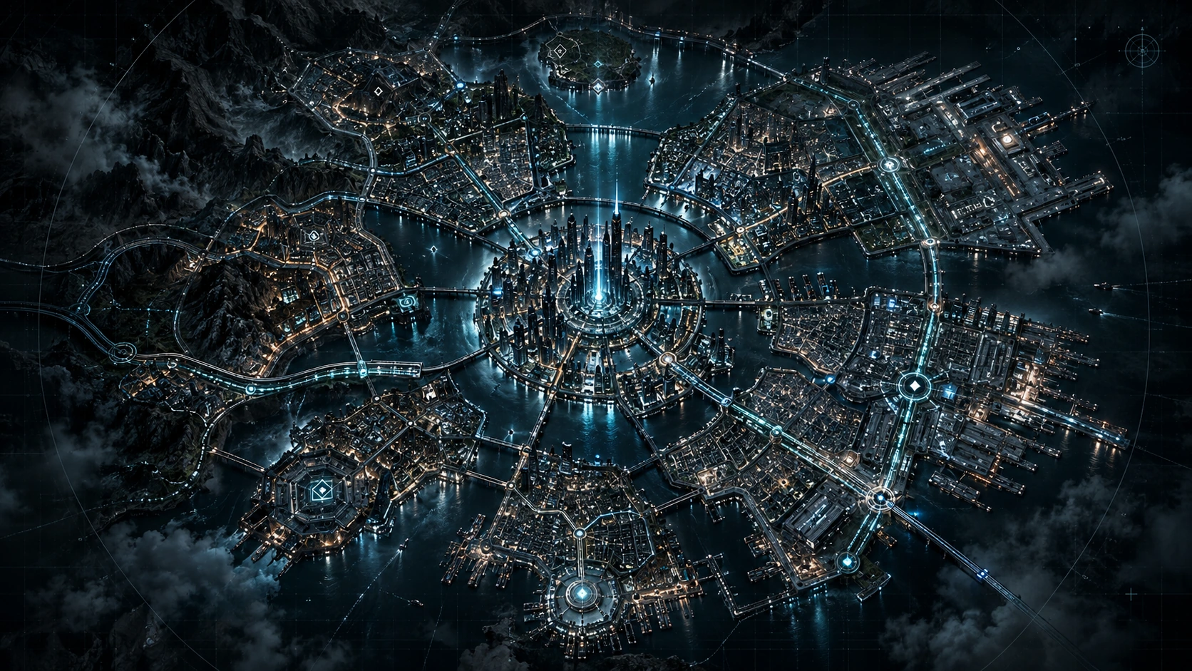 Illustrazione aerea cinematografica originale della città immaginaria di Nemorra, con sette distretti per orientare i lettori.
