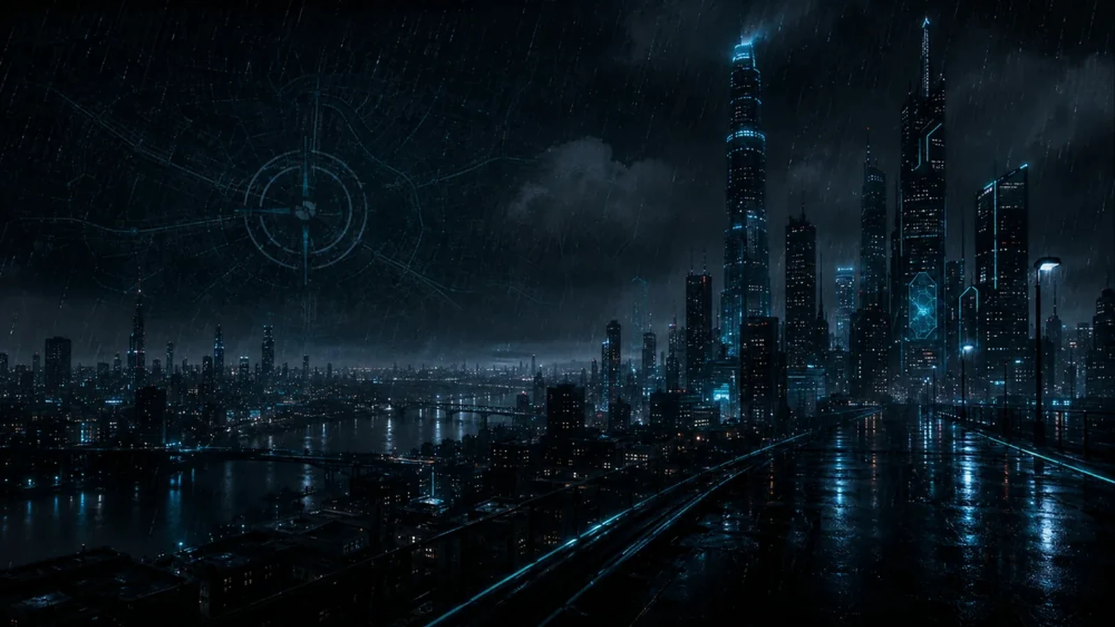Rain-soaked futuristic Nemorra skyline at night, The Continuity Murders series artwork