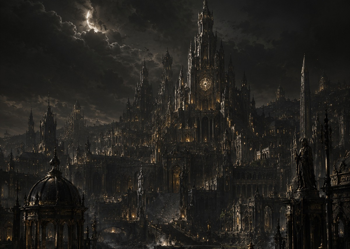 The ruined dark city of Vharin beneath an otherworldly vault