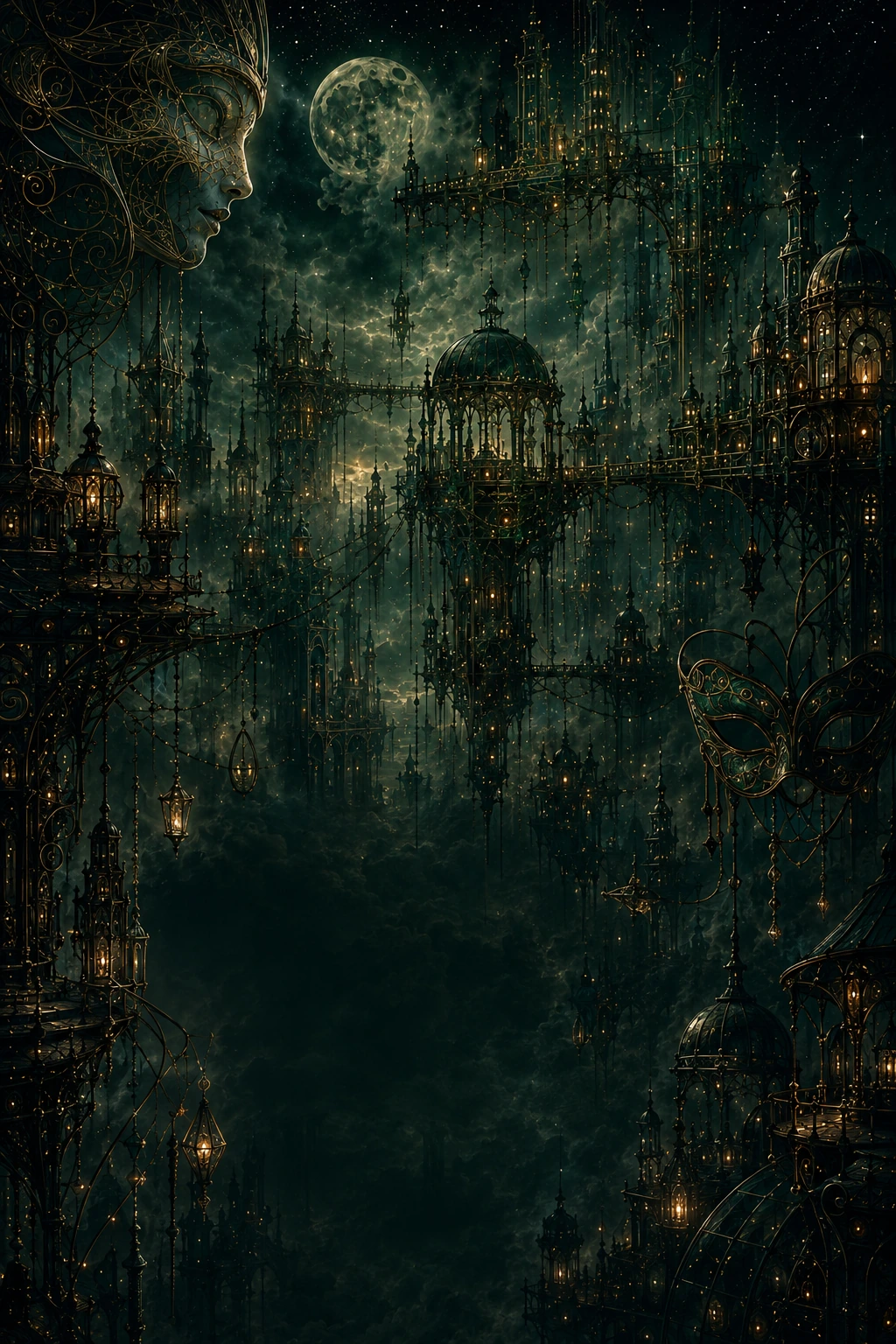 Velmira, a suspended city of masks, lanterns, and mechanical gardens