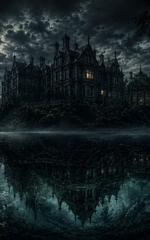 Blackmere House reflected in a dark lake