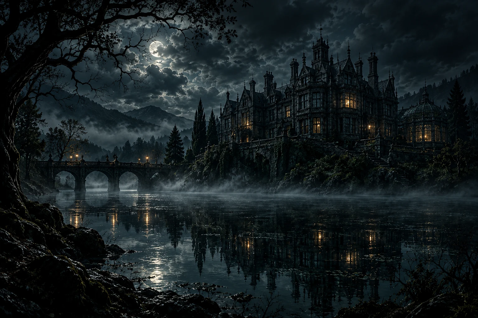 Blackmere House reflected in a dark lake