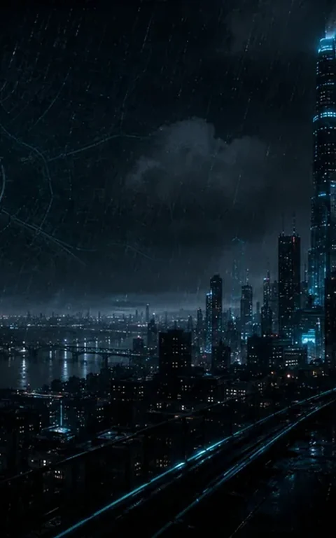 Rain-soaked skyline of Nemorra, the setting of The Continuity Murders