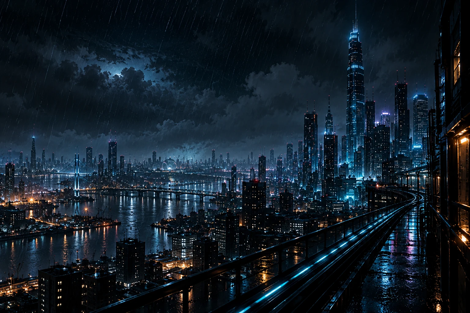 Rain-soaked skyline of Nemorra, the setting of The Continuity Murders