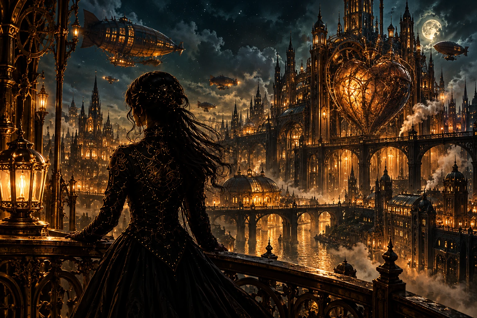 A steampunk city at night from Heart of Steam
