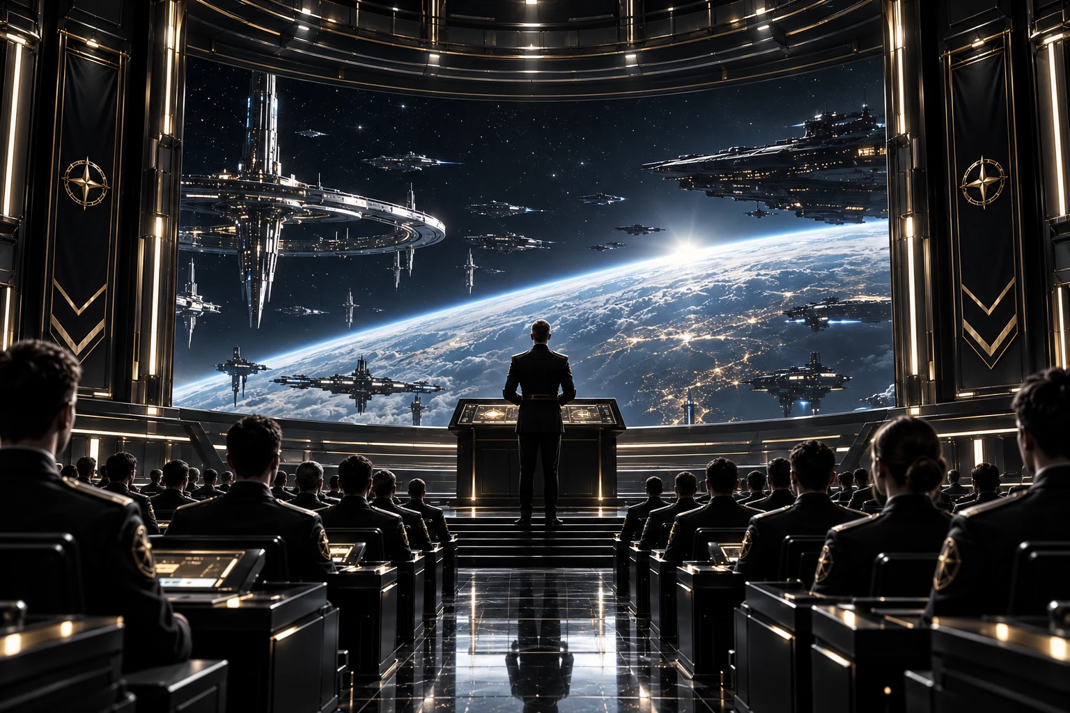 Cadets attending a lecture at Orbital Command Academy