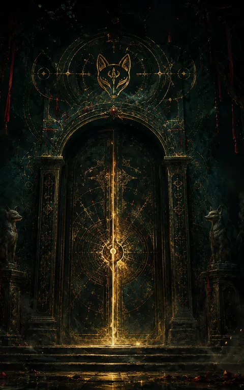 Golden forbidden academy door beneath a dark moonlit sky