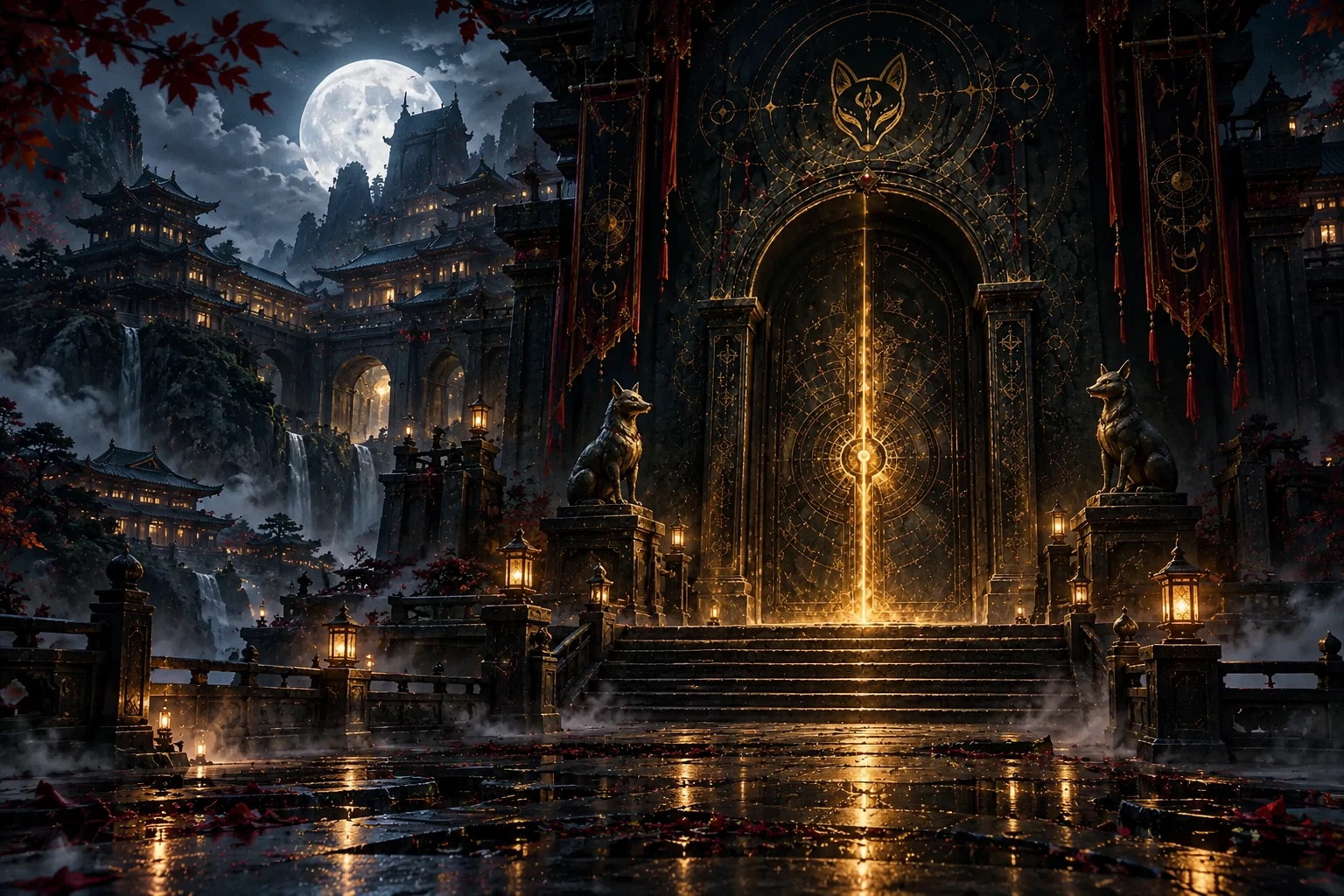 Golden forbidden academy door beneath a dark moonlit sky