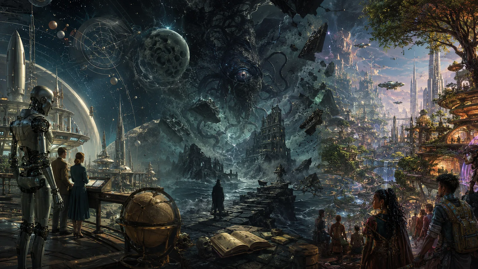 A panorama moves from ordered classic science fiction through cosmic horror into a diverse living future.