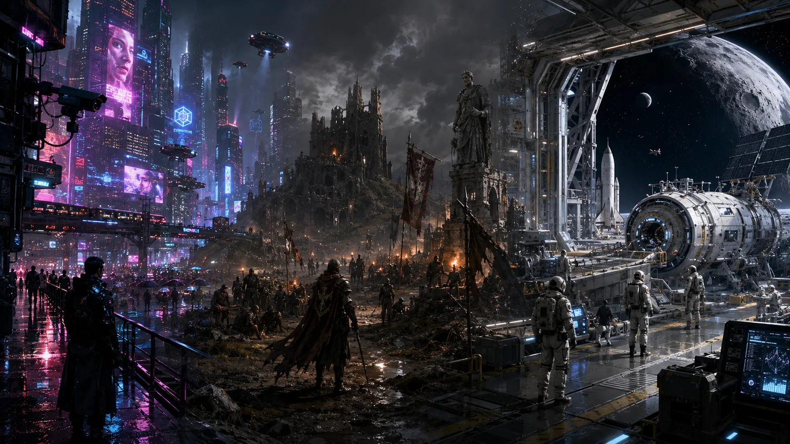 A continuous panorama blends a surveilled cyberpunk city, a ruined grimdark kingdom and a realistic space mission.