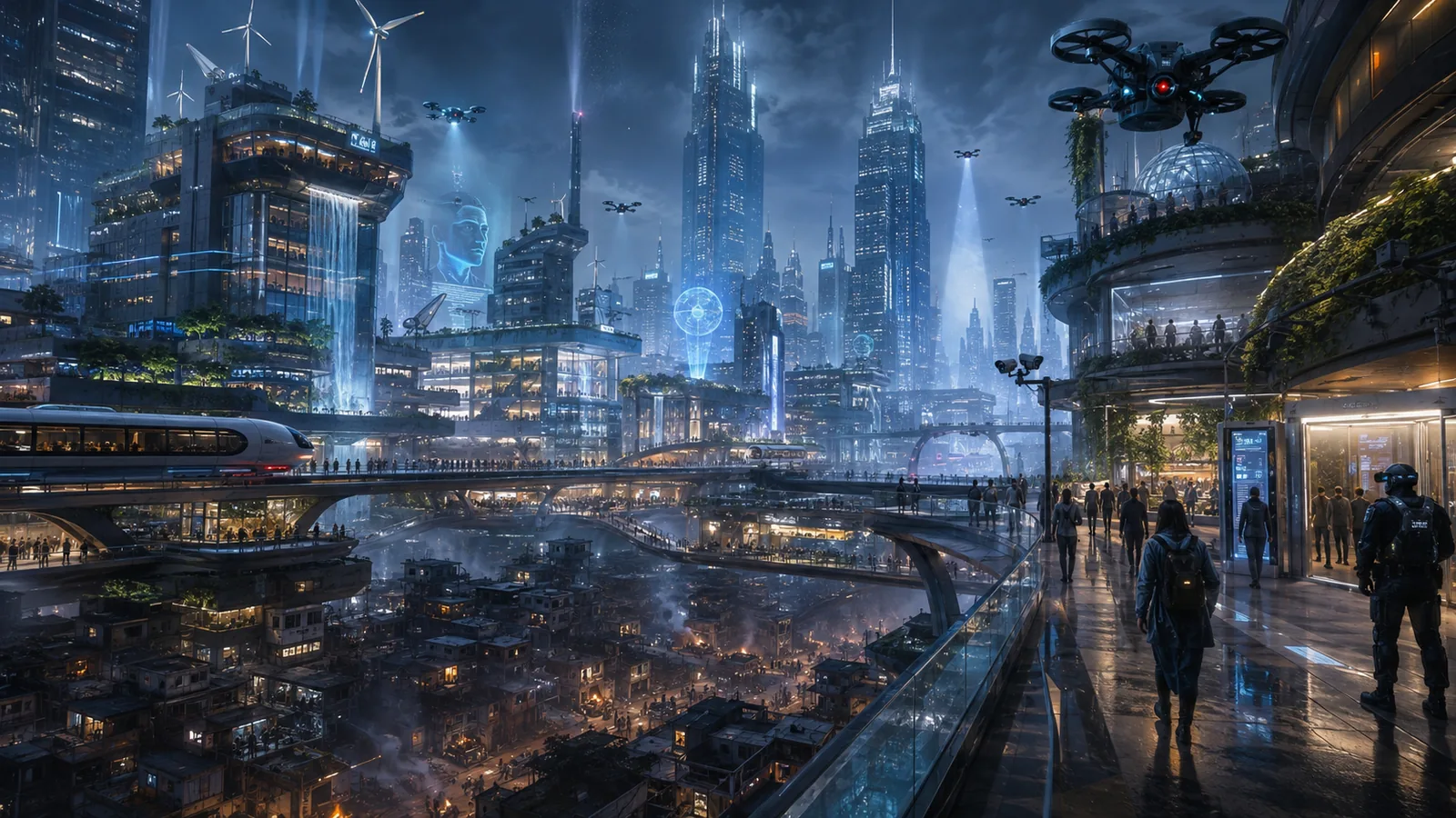A futuristic city combines clean technology and public gardens with surveillance, inequality and control.