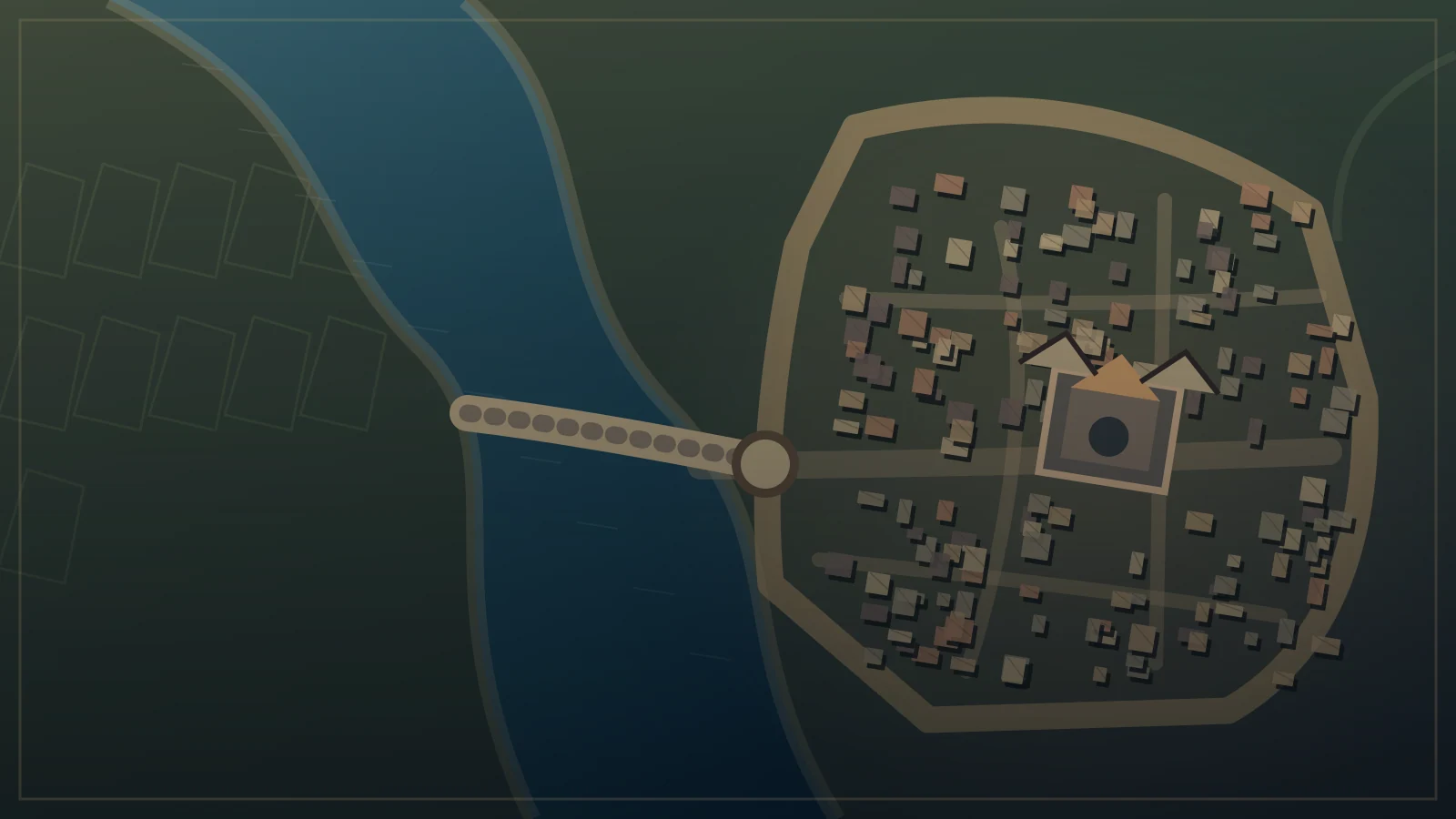 Bird’s-eye illustrative view of a walled fantasy river city with a bridge, farms and distinct neighborhoods.