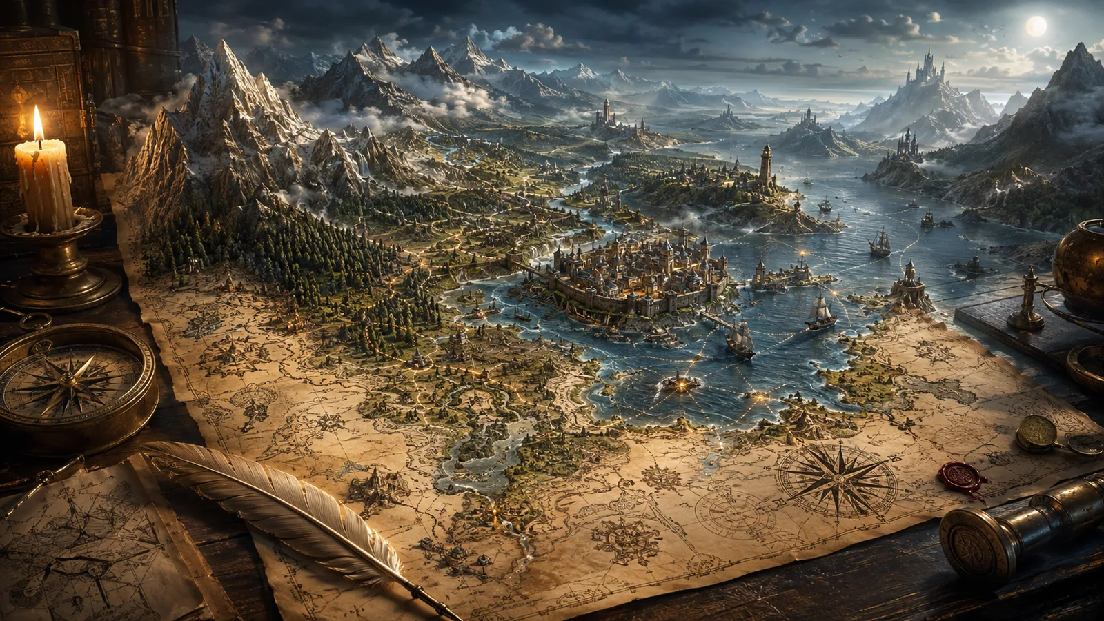 A parchment fantasy map rises into a living world of mountains, rivers, cities and sea routes.