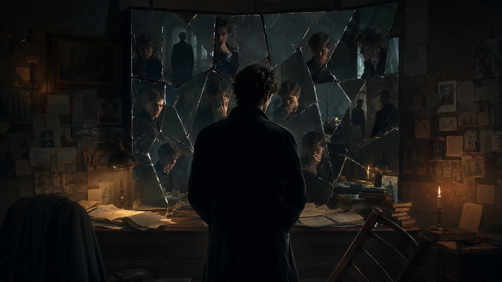 A narrator faces a fractured mirror filled with conflicting versions of the same memory.