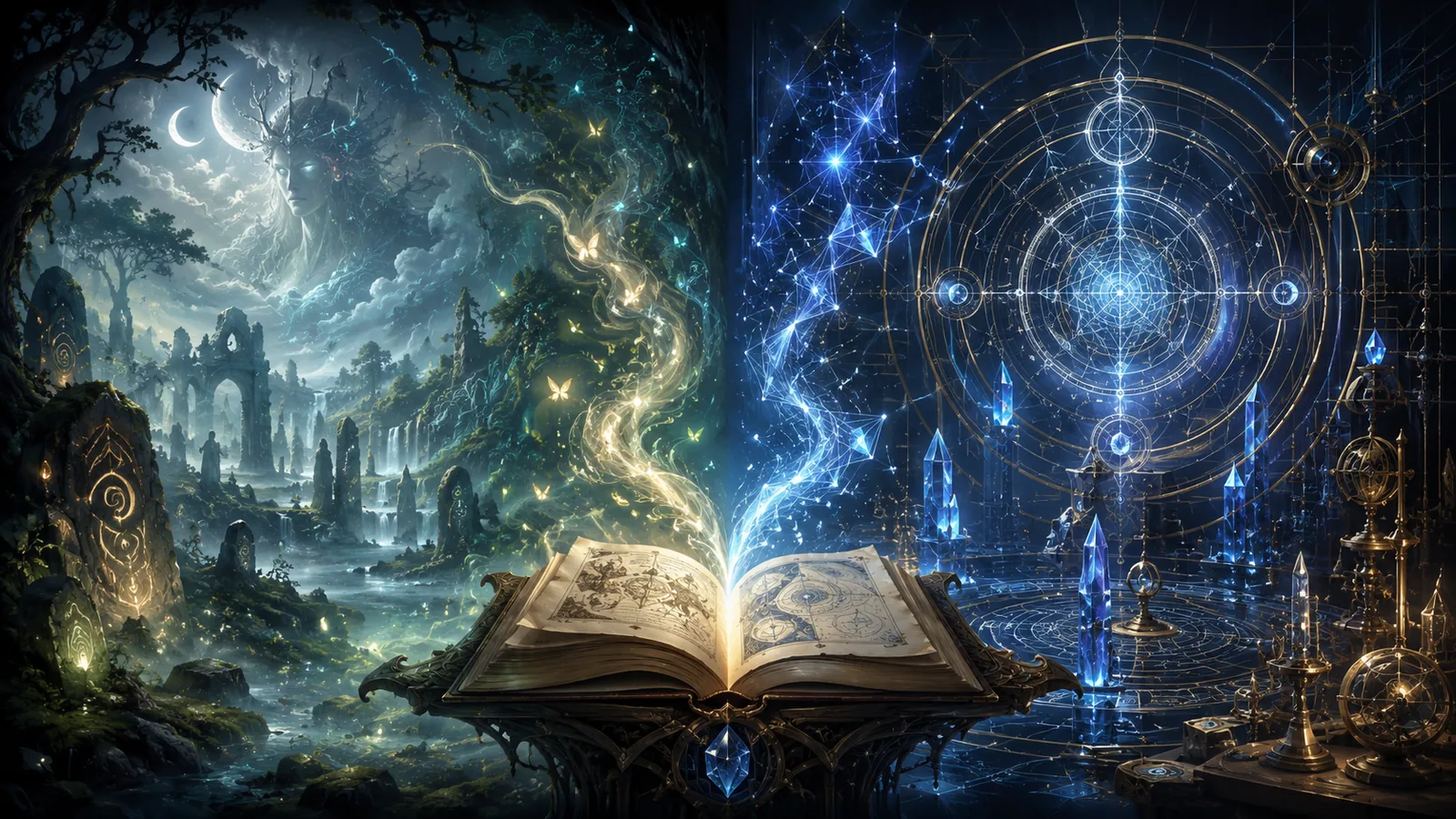 An open spellbook bridges mysterious natural magic and a precise geometric arcane system.
