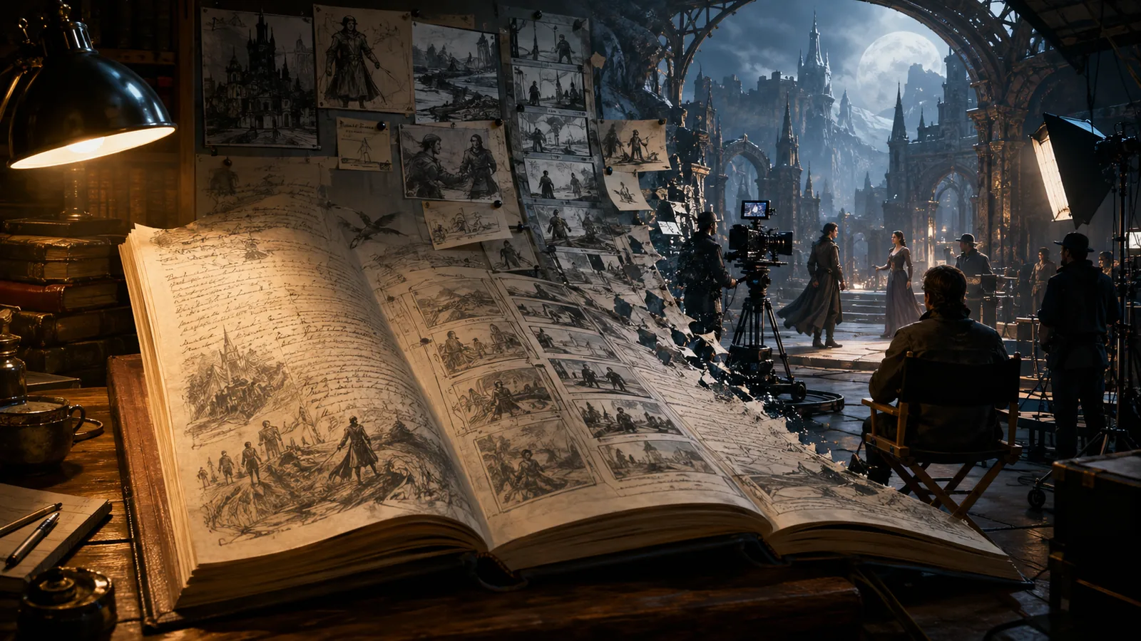An open novel transforms through storyboards into a working fantasy film set with actors and cameras.