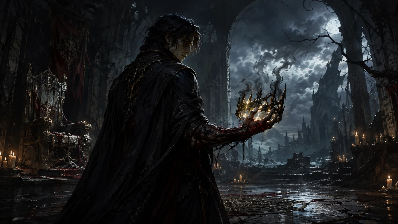 A dark fantasy ruler holds a cursed crown as corruption spreads through his arm and ruined kingdom.