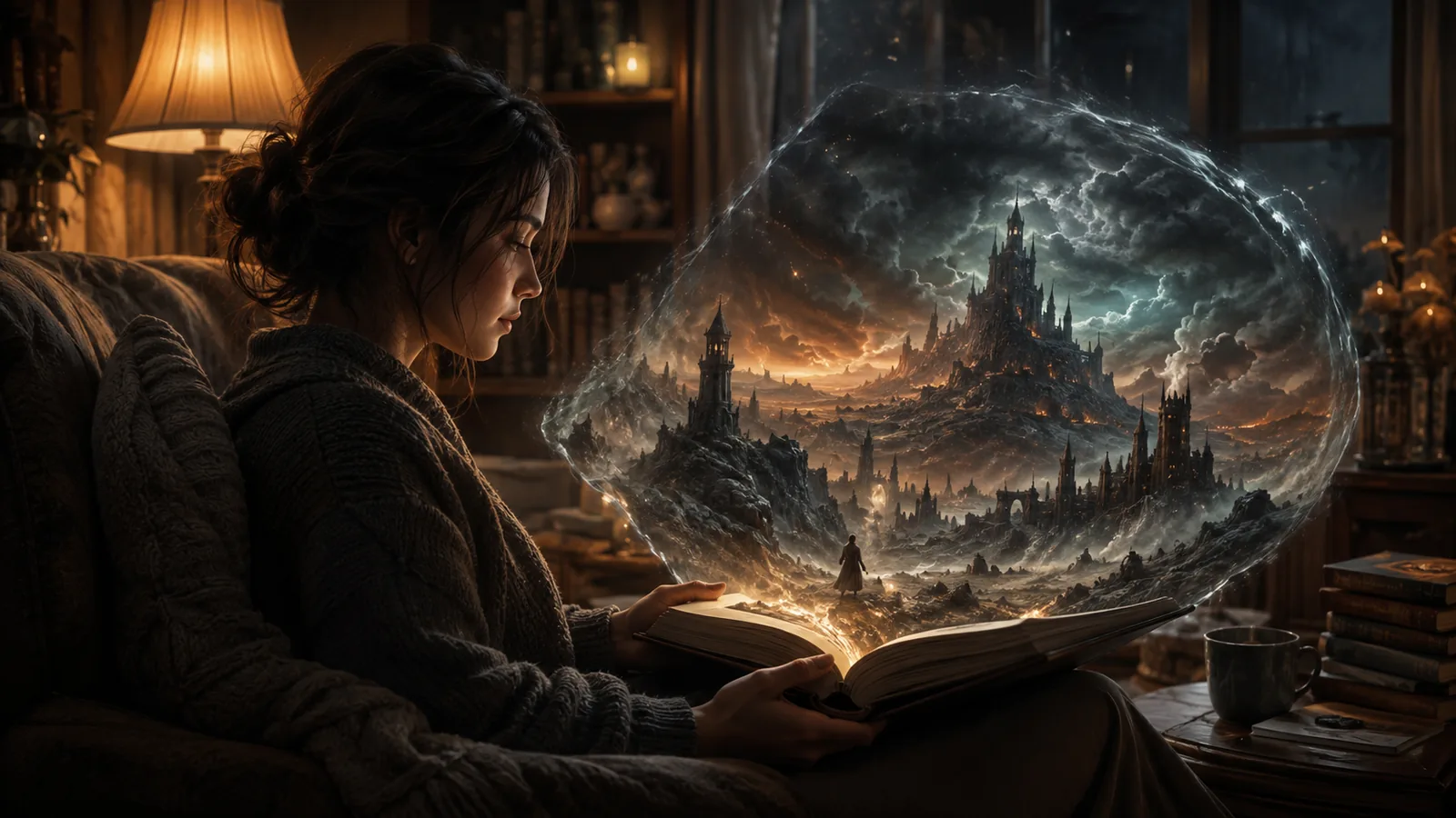 A calm reader sits safely indoors while a dark fantasy world remains contained above an open book.