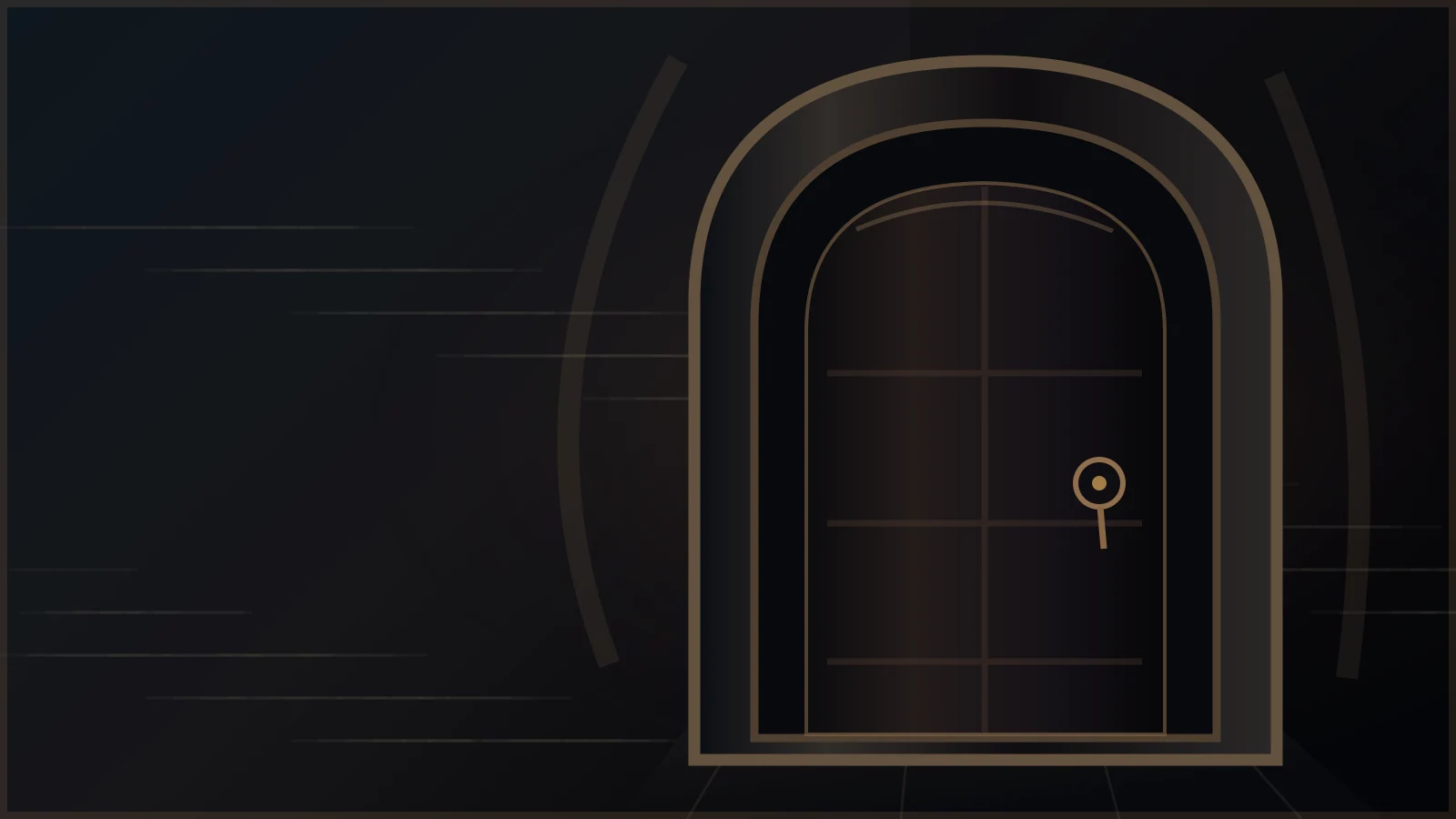 An old sealed Gothic door at the end of a dark stone corridor.