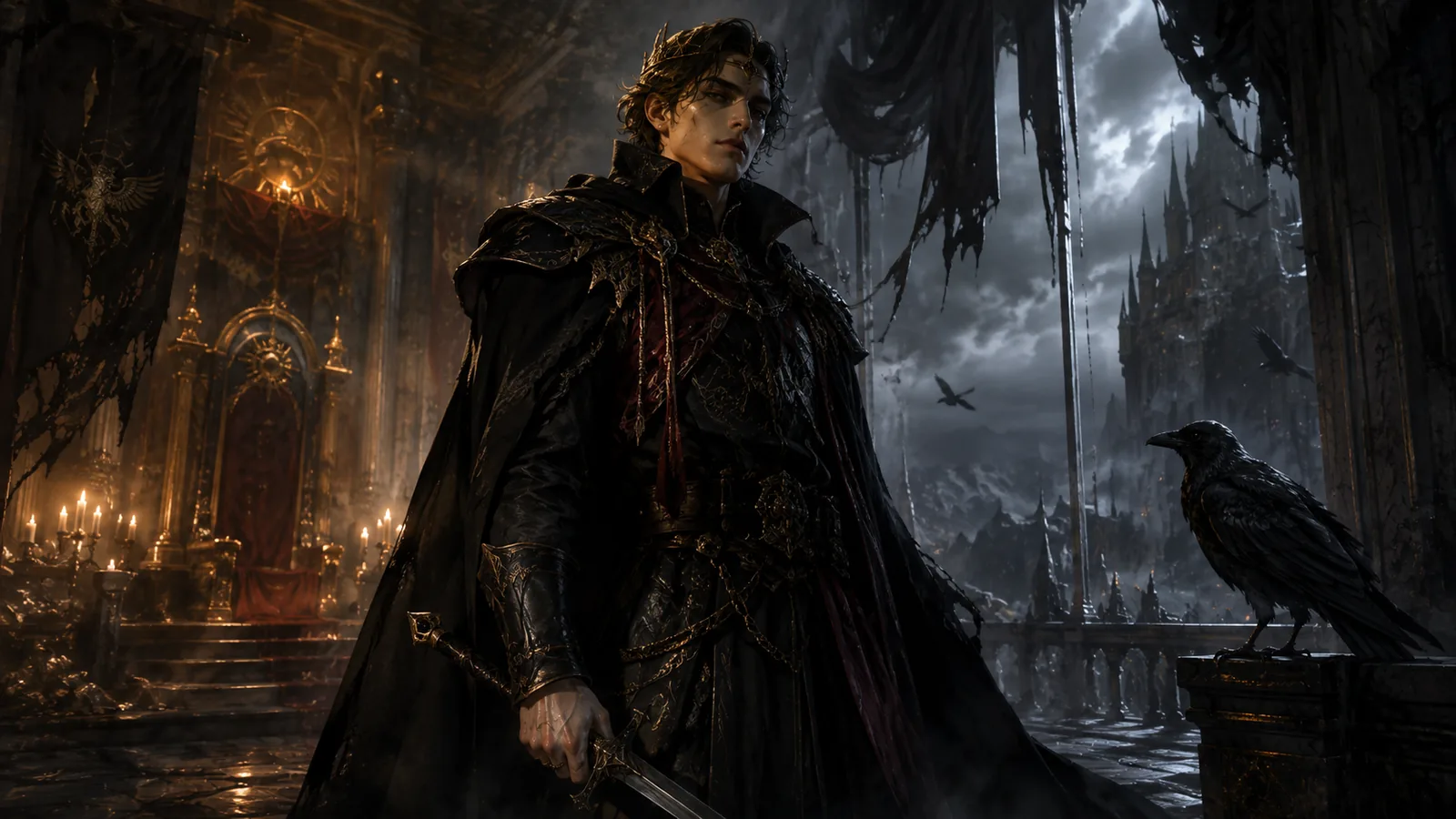 A morally ambiguous ruler stands between a candlelit throne room and a storm-darkened kingdom.