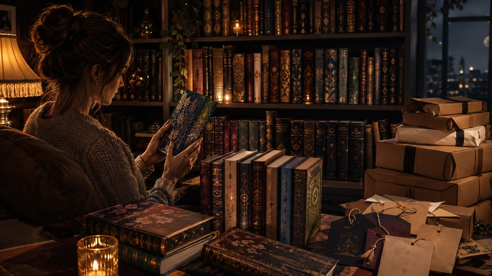 A reader admires an ornate special edition beside shelves of collectible books and unopened parcels.