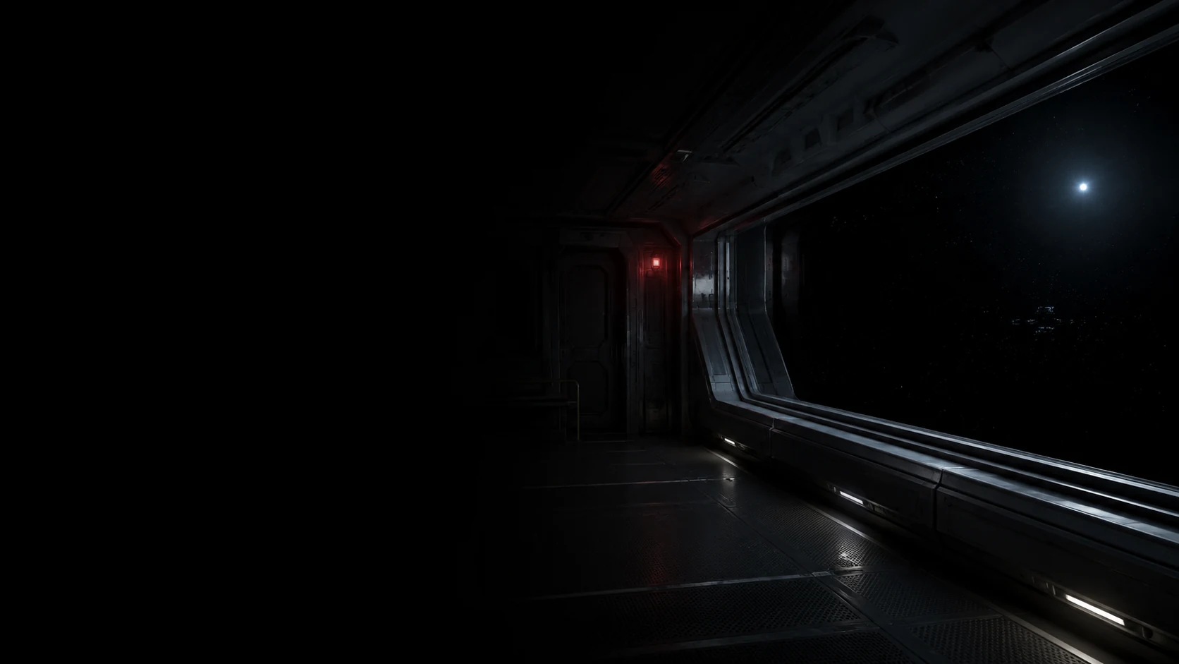 An empty spacecraft corridor faces the blackness of deep space beside a single warning light.