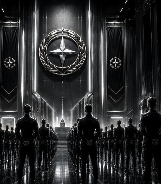 Cadets standing in formation beneath the Orbital Command Academy seal