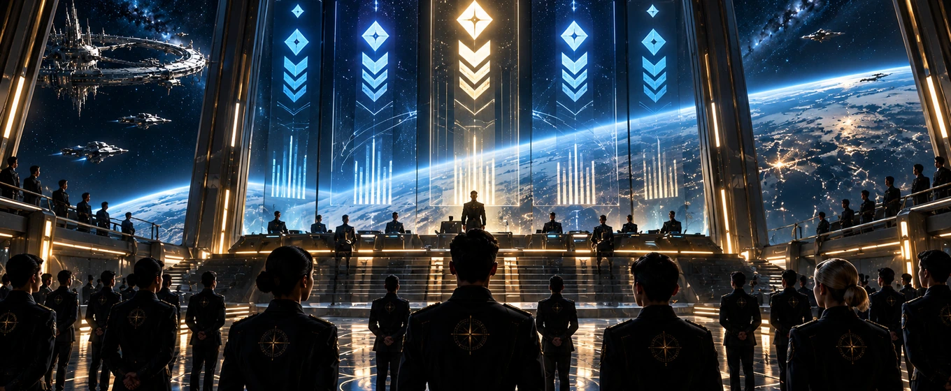 Cadets assembled in a severe imperial training hall