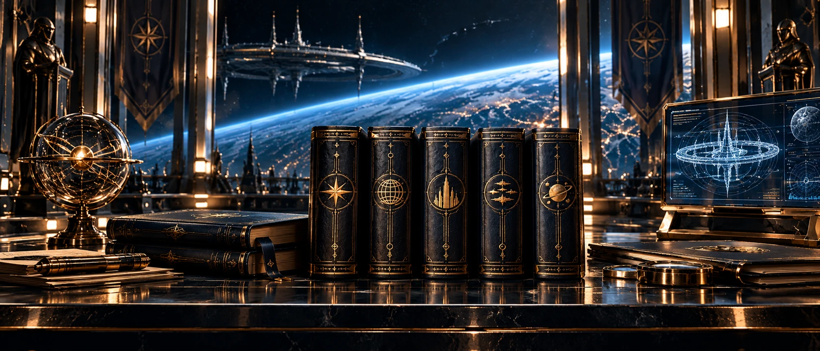 Five official archive volumes in a panoramic observatory overlooking Asterion Ring