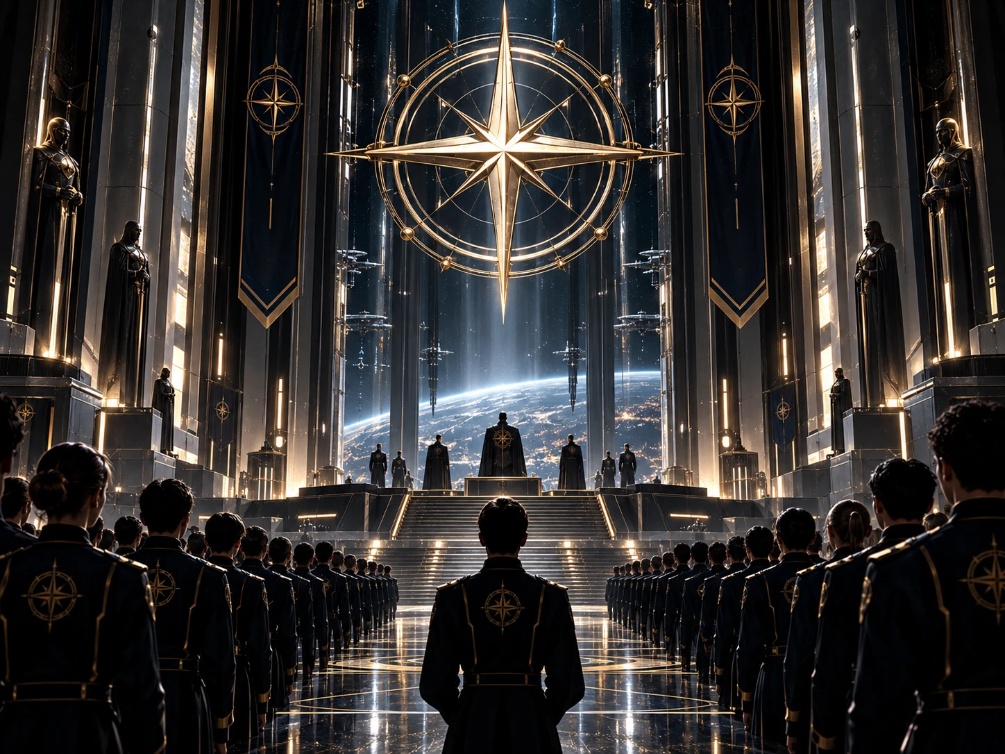 Imperial academy assembly beneath the orbital command insignia