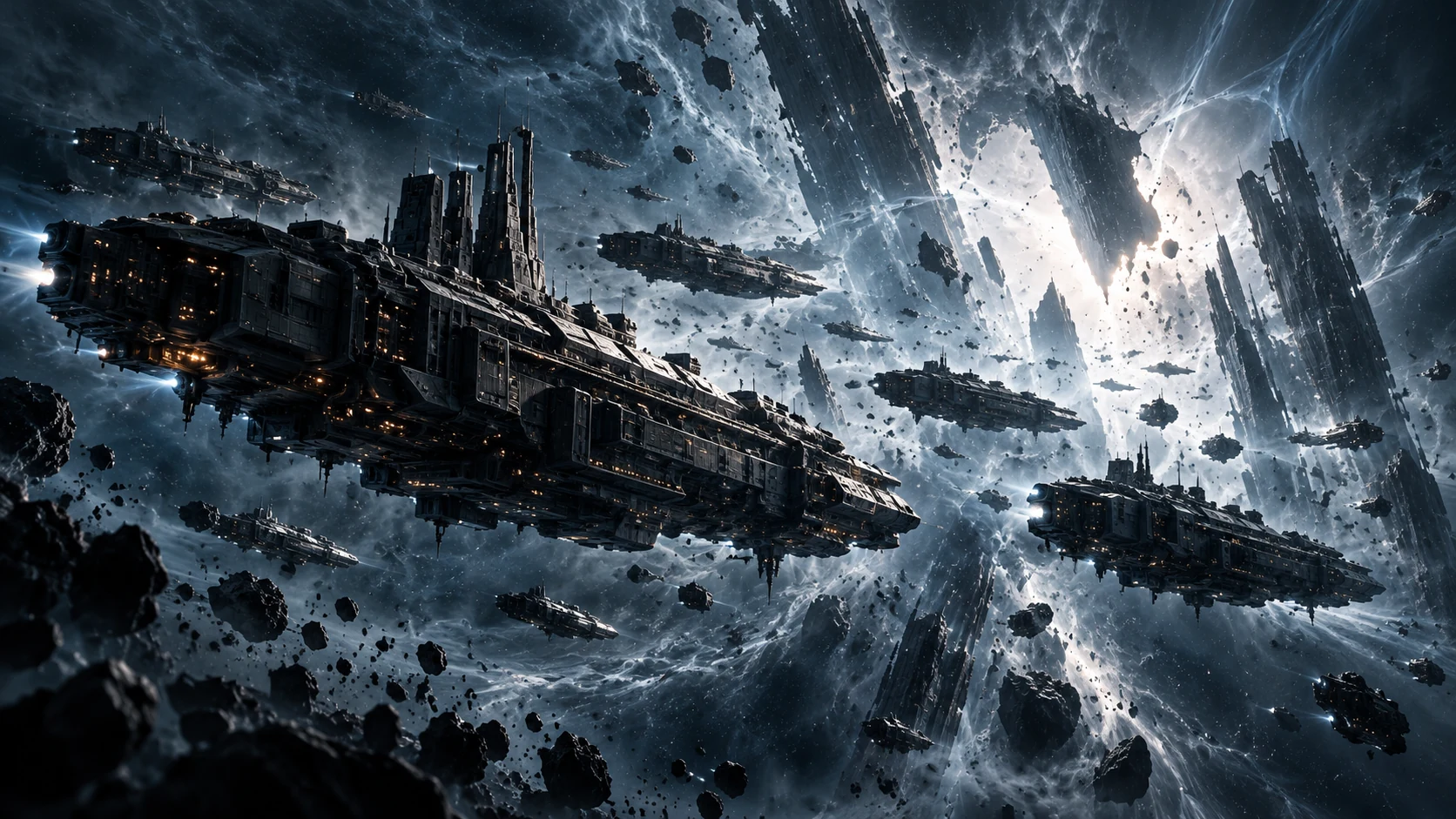 An expanding fleet advancing through a discontinuity field