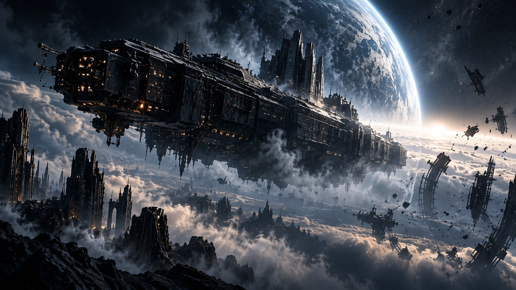 A massive returned warship above a devastated frontier world