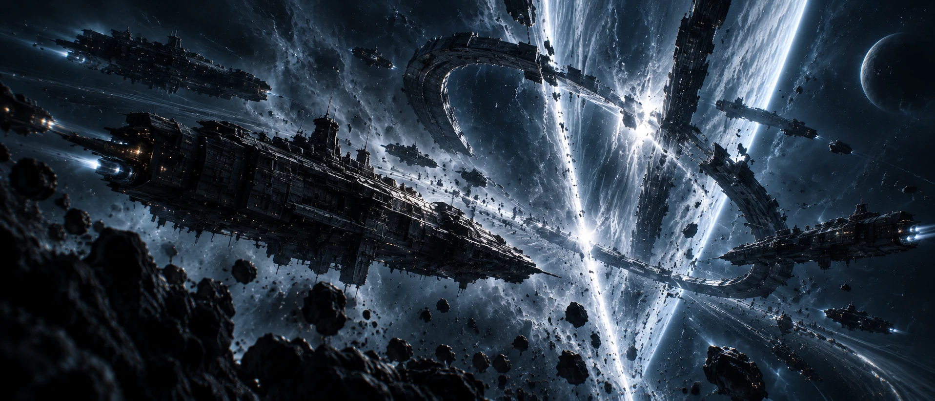 A returned fleet moving through shattered structures near a pale cosmic fracture