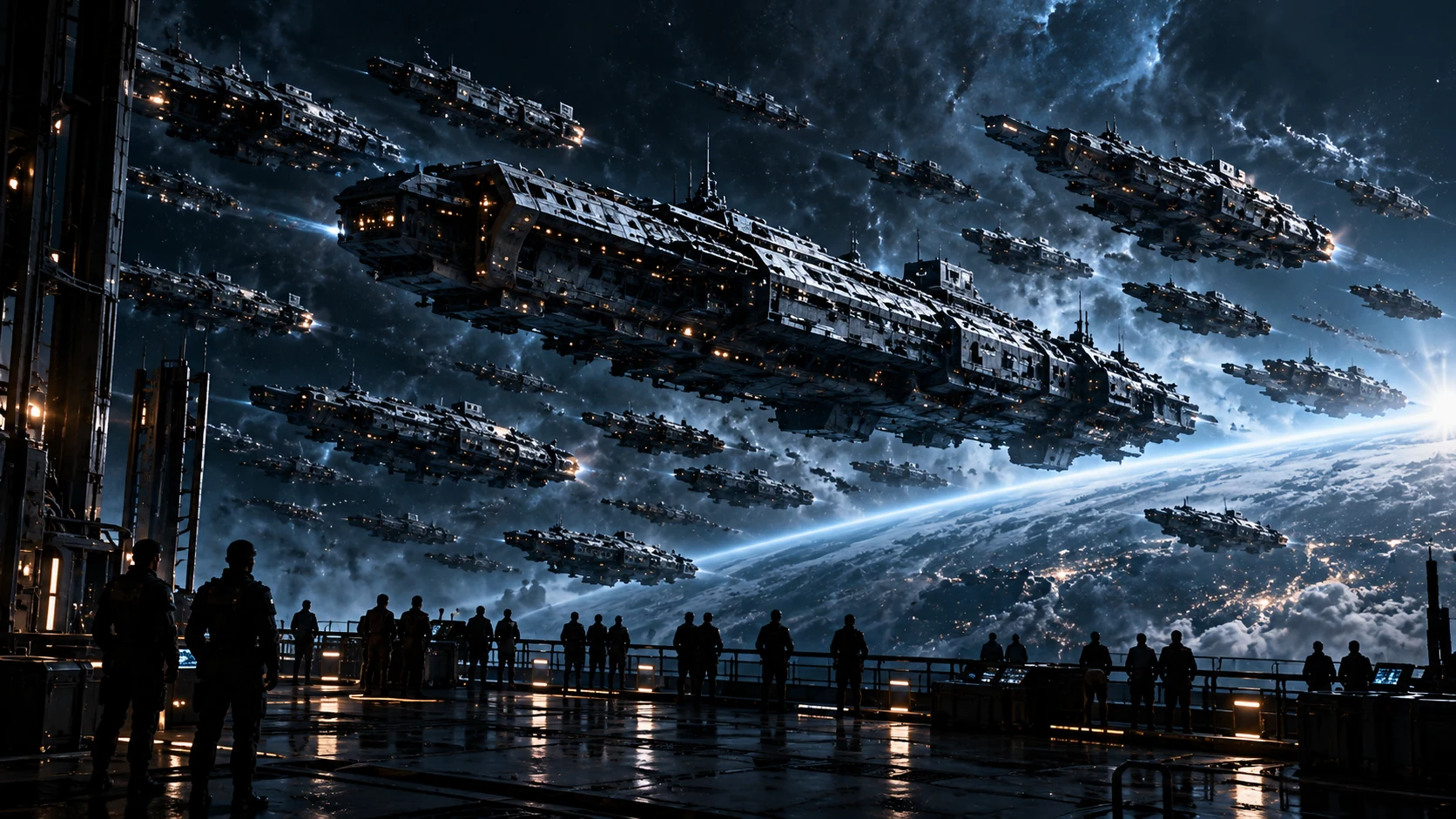 Observers watching a returned fleet cross above a frontier world