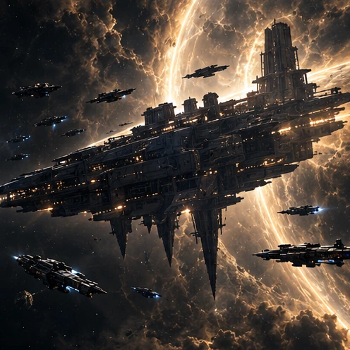 Dark military vessel crossing a storm of light