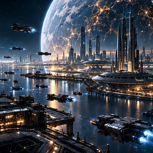 Illuminated metropolis and spaceport beneath distant ships