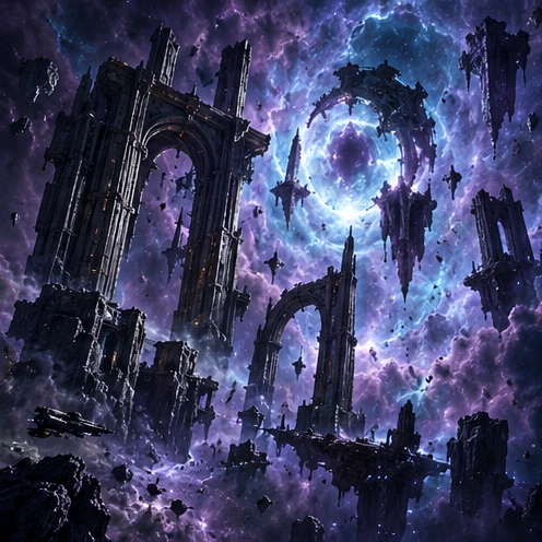 Ancient alien ruins suspended in a luminous nebula