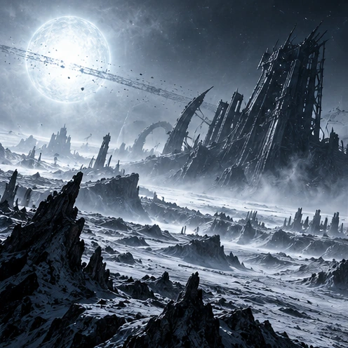 Bleak planetary graveyard under a pale light