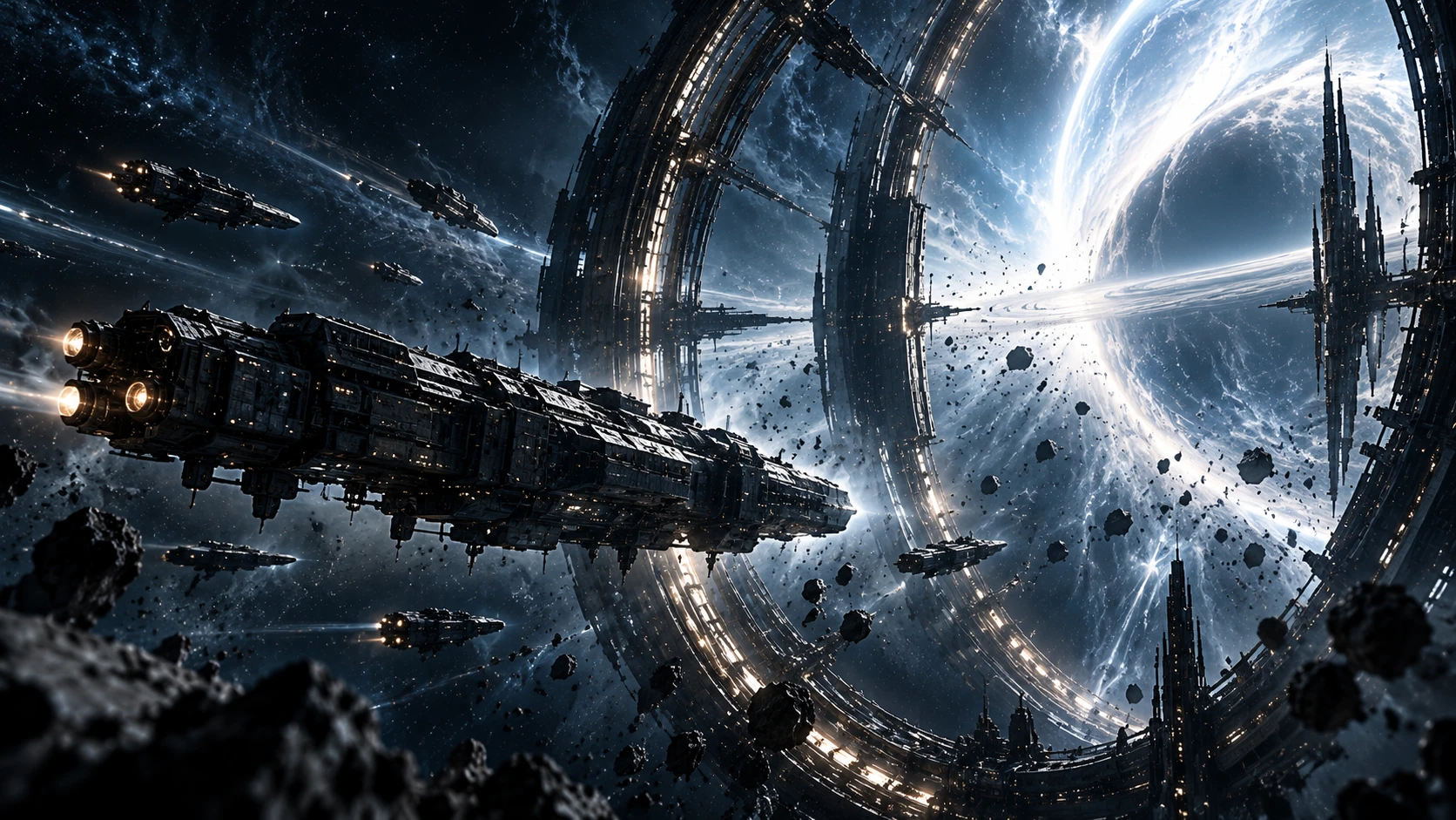 Expedition fleet approaching a vast Fold Gate with a brilliant planetary horizon