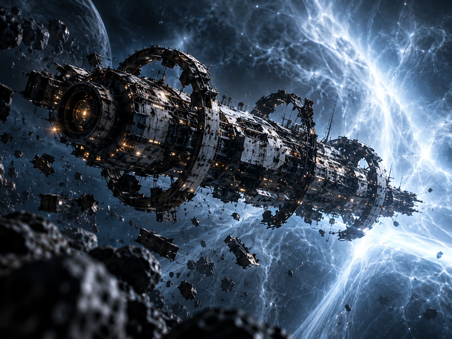 Derelict warship emerging from a violent fracture in deep space